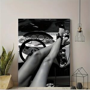 Stylish Black White High Heels in Classic Car Canvas Print - 15.7x23.6 inches